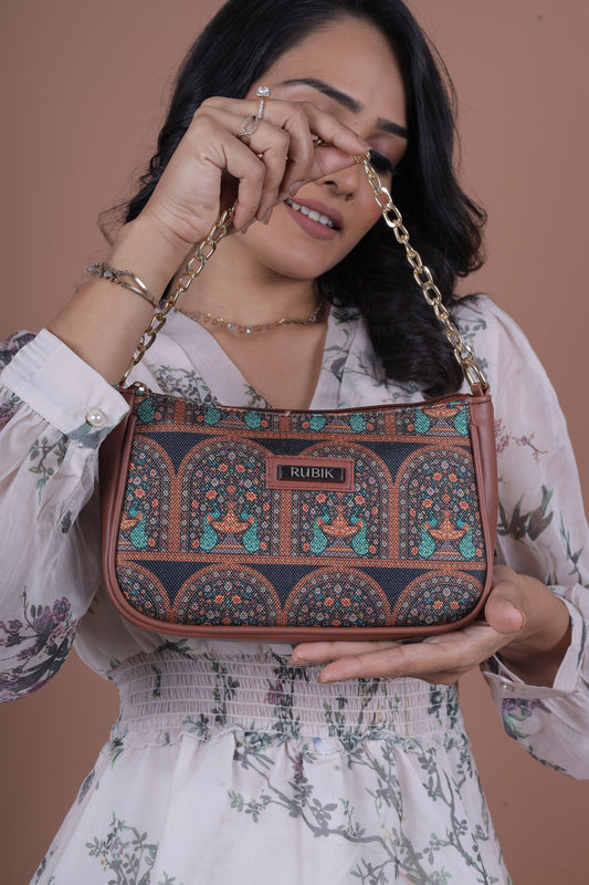 RUBIK Royal Indian Peacock Motif Print Sling Bag