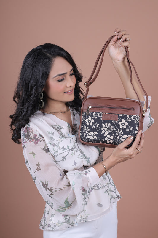 RUBIK Midnight Bloom Hand Bag – Compact Vegan Leather Crossbody with Elegant Floral Pattern