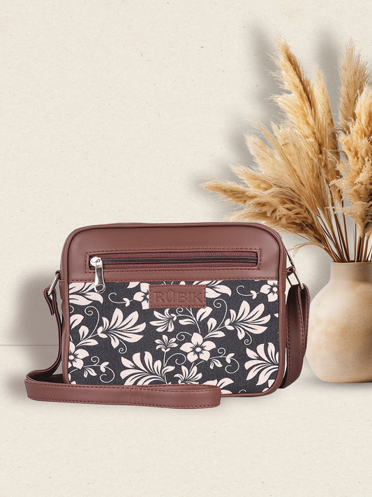 RUBIK Midnight Bloom Sling Bag – Compact Vegan Leather Crossbody with Elegant Floral Pattern