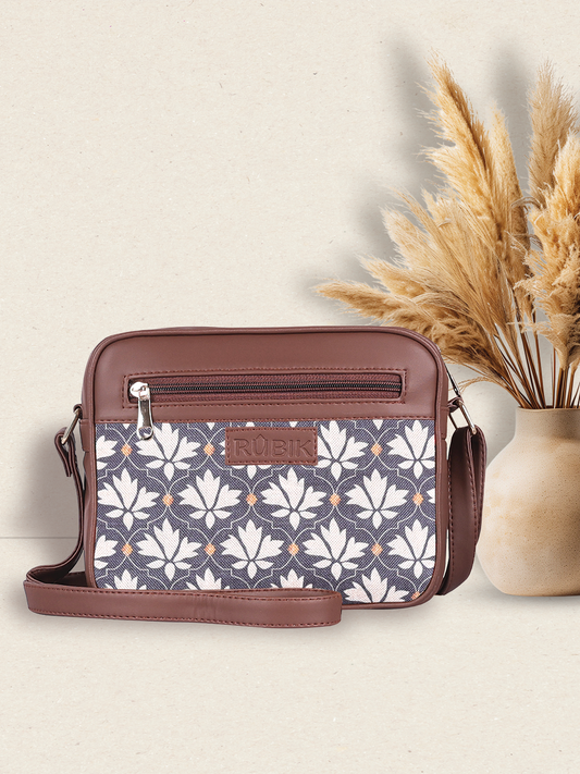 RUBIK Indigo Leaf Motif Sling Bag – Stylish Vegan Leather Crossbody for Women