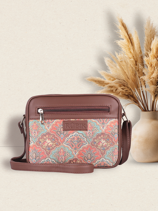 RUBIK Vintage Floral Motif Sling Bag – Stylish Vegan Leather Crossbody for Women