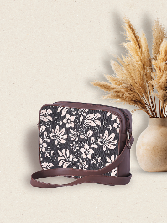 RUBIK Midnight Bloom Sling Bag – Compact Vegan Leather Crossbody with Elegant Floral Pattern