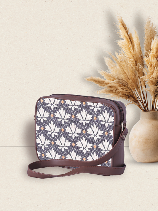 RUBIK Indigo Leaf Motif Sling Bag – Stylish Vegan Leather Crossbody for Women