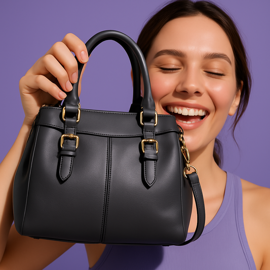 Black PU Leather Structured Handbag with Gold Buckles