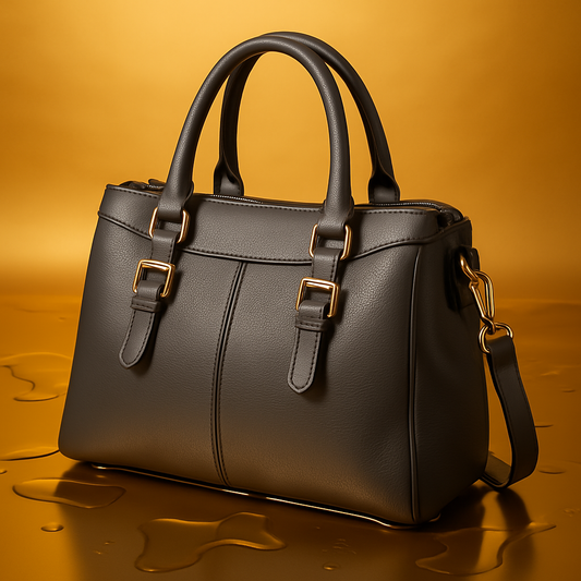 Black PU Leather Structured Handbag with Gold Buckles